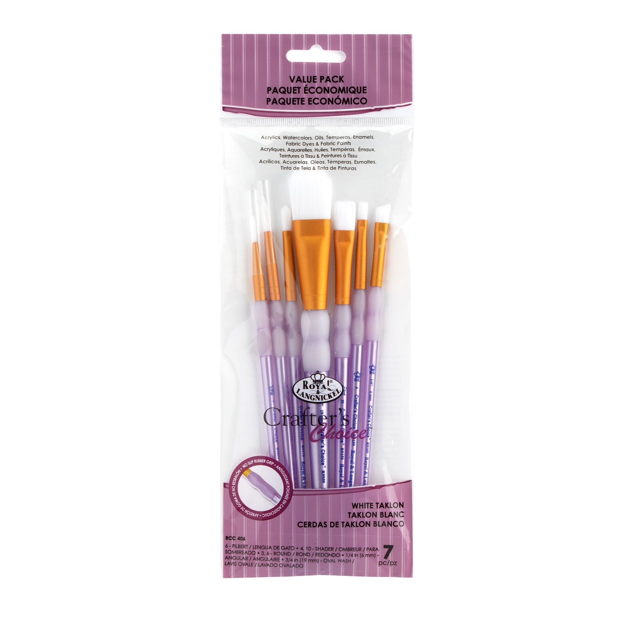 Royal & Langnickel Crafters Choice Pinselset – 7 Weiße Taklon-Pinsel, Gemischte Formen, Goldene Zwingen